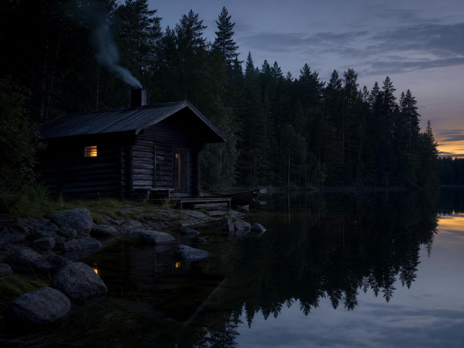 Smoke sauna on a lake at dusk