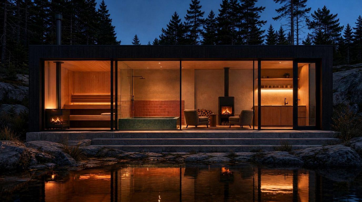 Dusk exterior of a black-timber sauna pavilion glowing through a wall of glass beside Georgian Bay
