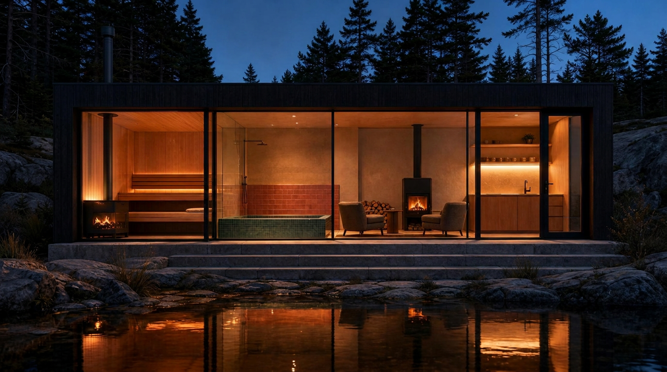 Dusk exterior of a black-timber sauna pavilion glowing through a wall of glass beside Georgian Bay