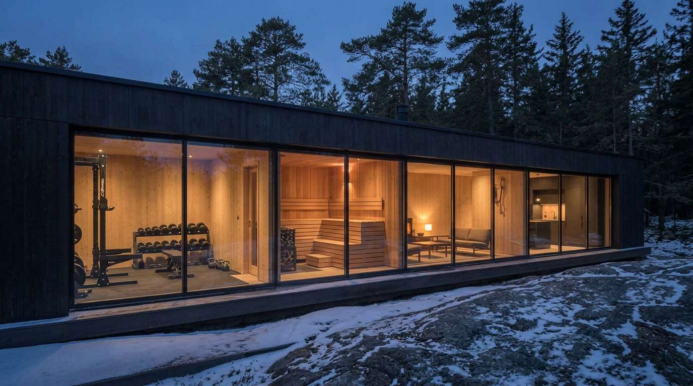 A long black-clad sauna pavilion at dusk glowing through its glass wall, receding into a snowy Georgian Bay treeline