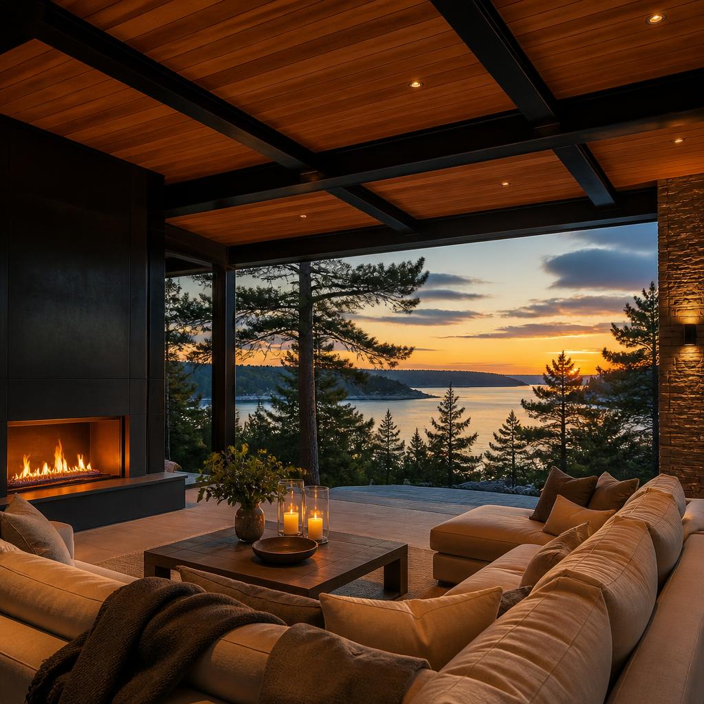 Fireside lounge inside a Georgian Bay pavilion