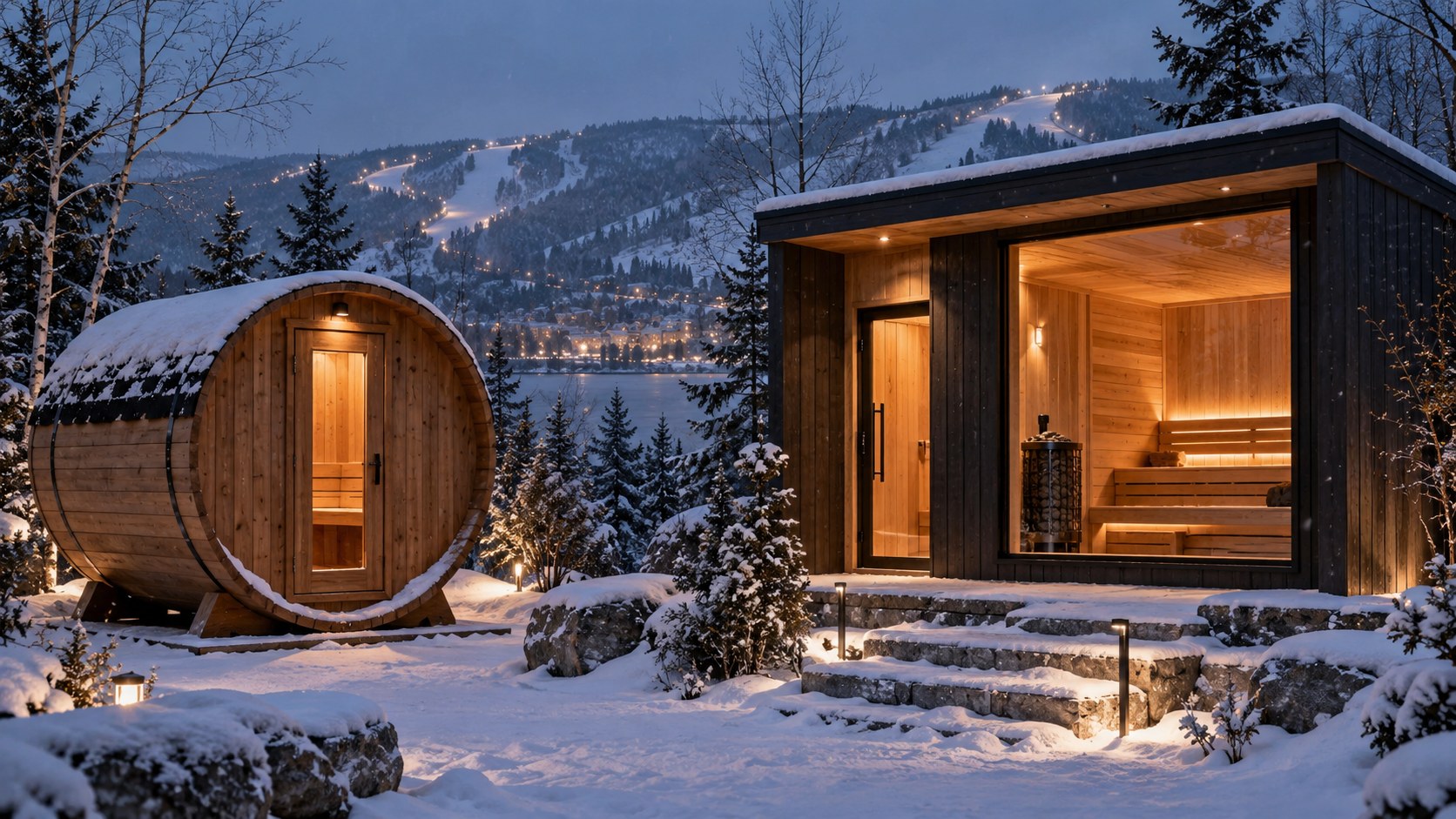 A barrel sauna and a purpose-built cabin sauna side by side in the snow, with ski hills lit up behind them