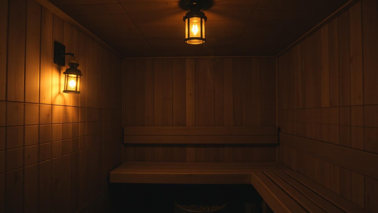 Lantern-lit cedar sauna interior with a deep upper bench and low ceiling