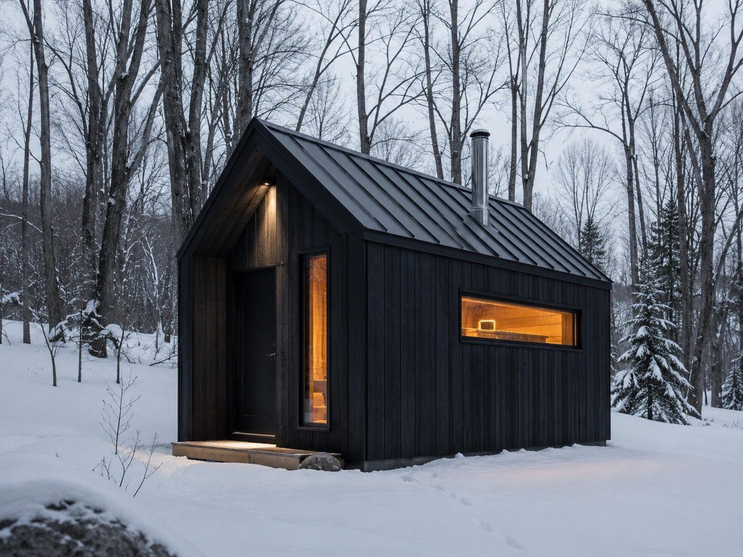 Black-clad custom sauna cabin glowing warm inside a snowy winter forest