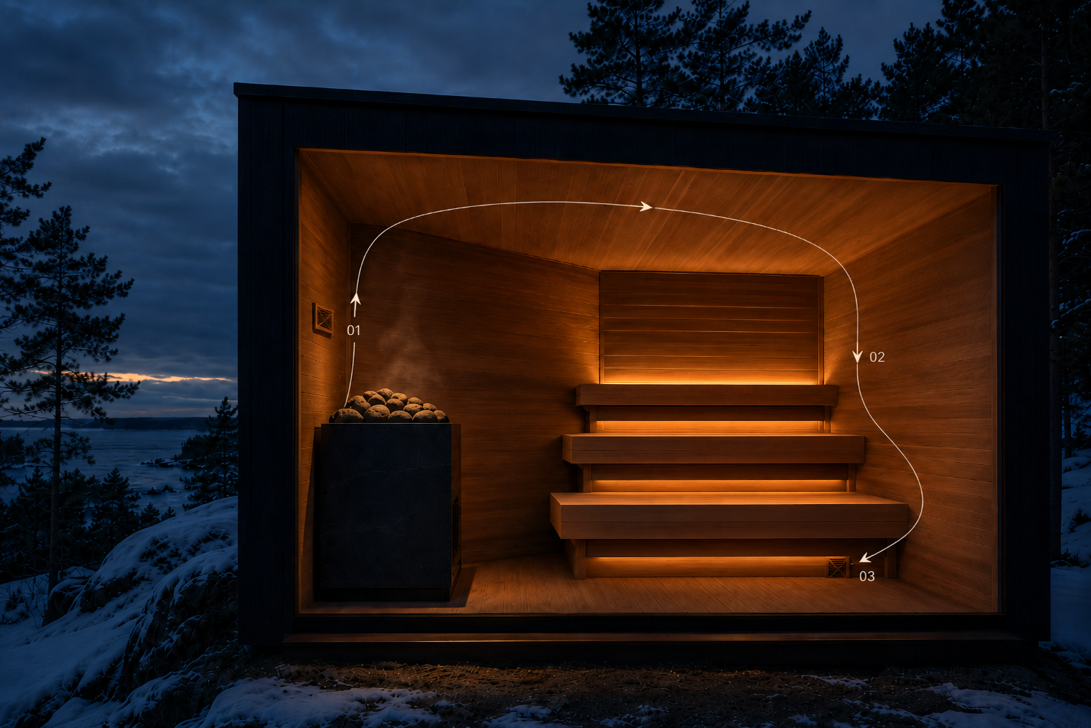 Cutaway of a black-clad sauna glowing warm at dusk, with numbered arrows tracing airflow from intake to exhaust