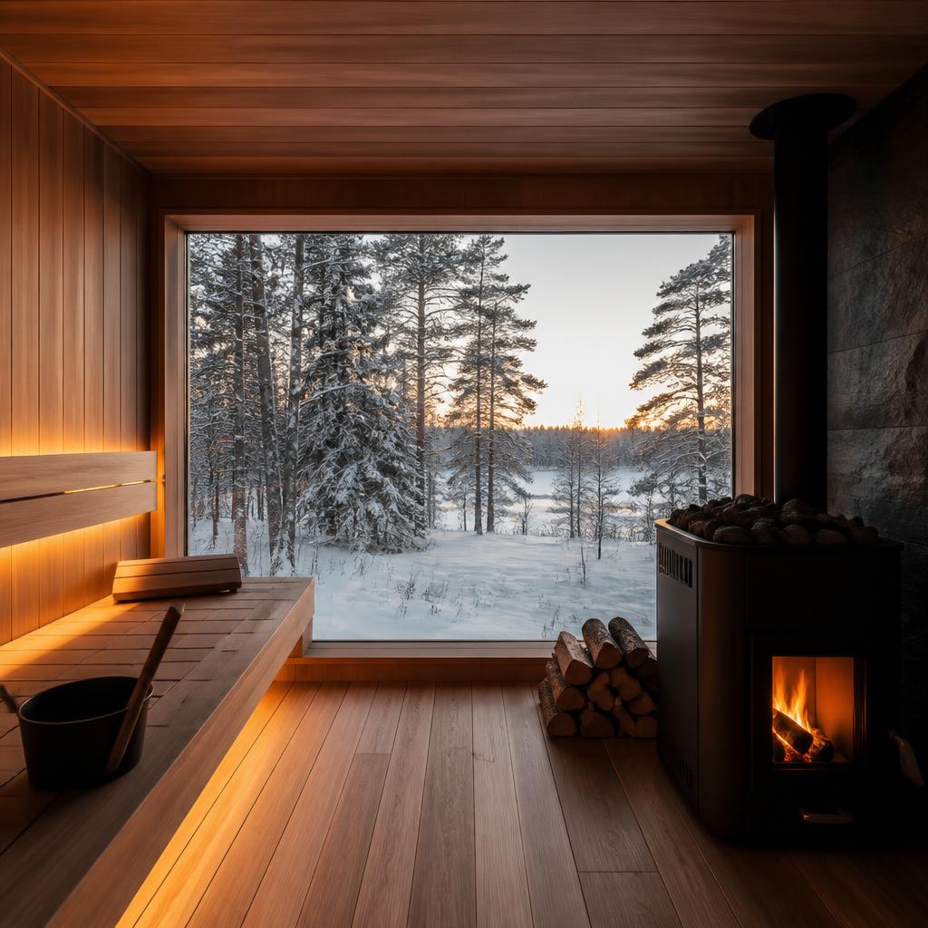 Warm cedar sauna interior with soft amber light